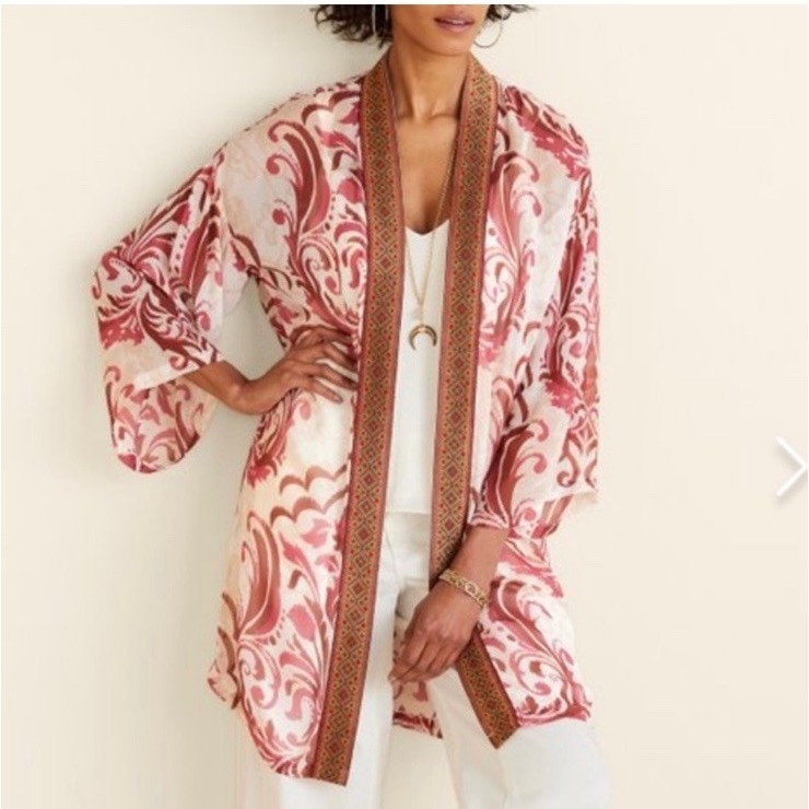 Soft Surroundings Boho White Pink Jakarta Kimono Decorative Trim Sheer Size S/M